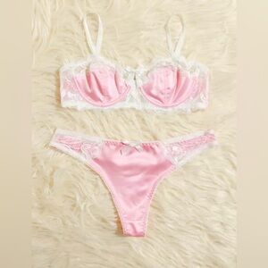 Pink & White Floral Lace Bow Knot Underwire Thong Satin Lingerie Set M